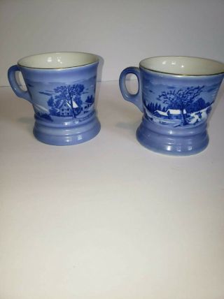 Vintage Currier And Ives Mug Set Of 2 Winter Homestead Wilderness Cup Blue