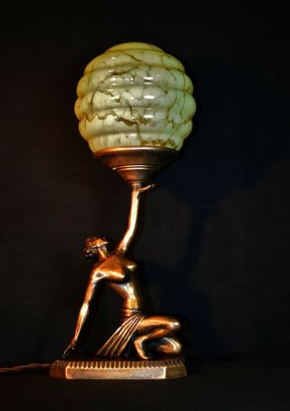 Vintage 1940s Bronze Art Deco Dancer Desk Figural Lamp Rare Opaline Globe Shade