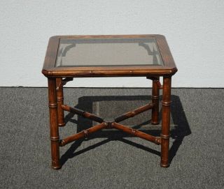 Vintage Chinese Chippendale Oak Wood Faux Bamboo Square End Table w Smokey Glass 2