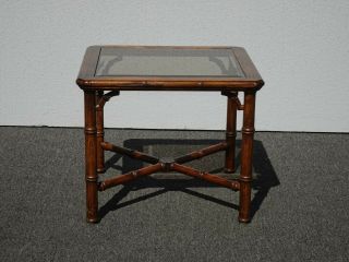 Vintage Chinese Chippendale Oak Wood Faux Bamboo Square End Table w Smokey Glass 3