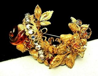 Rare Vintage 2 - 1/4” Signed Miriam Haskell Amber Glass Rhinestone Brooch Pin A64