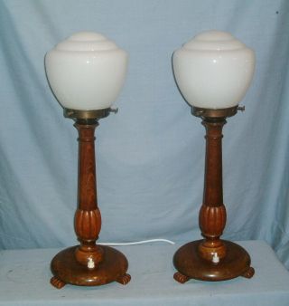 Art Deco Oak Lamps With Milk Glass Shades.  - Rewired