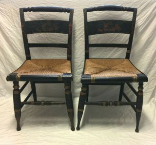 Pair Antique Hitchcock Side Dining Room Rush Seat Chairs Harvest Hand Painting