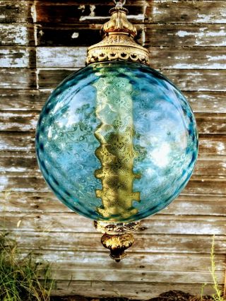 Vintage Mid Century Italian Blue Glass Swag Lamp Ball 2