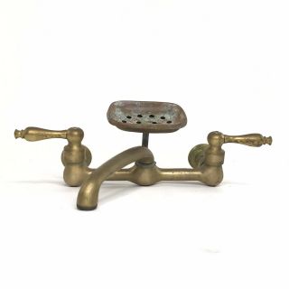 Salvaged Brass Two Handle Wall Mount Faucet & Soap Dish Patina Rustic Farmhouse