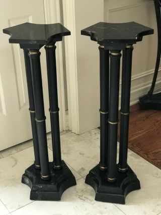 Black Pedestals With Black Marble Tops And Bases - Ebony Wood Pillars