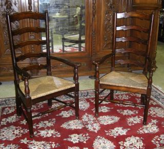 Antique Style Country French Five Rung Ladderback Pair Arm Chairs Seagrass Seats