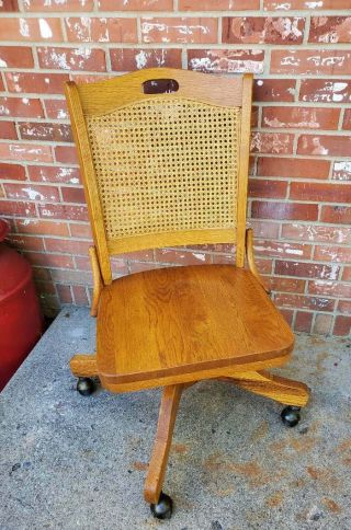 Antique Oak Woven Cane Back Office Desk Chair Swivel Rolling Rocking Bankers