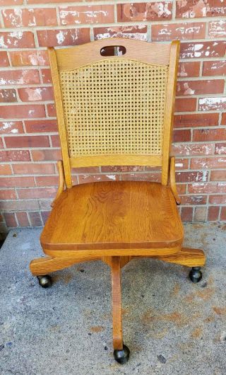 Antique Oak Woven Cane Back Office Desk Chair Swivel Rolling Rocking Bankers 2