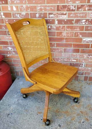 Antique Oak Woven Cane Back Office Desk Chair Swivel Rolling Rocking Bankers 3