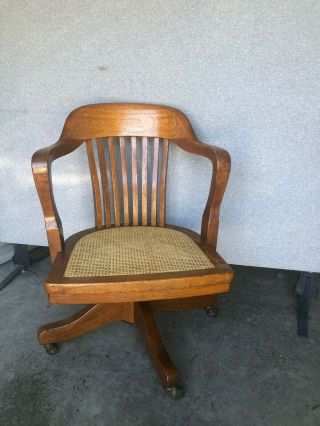 Antiqued Vintage Bankers Desk Chair; B.  L Marble Chair Company Wicker Seat