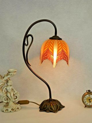 Lovely French Vintage Bronze Effect Metal Table Lamp Decorative Glass Shade 2086