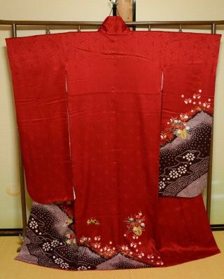 Furisode Silk Kimono Women Japanese Vintage Robe Red Embroidery 158cm /732