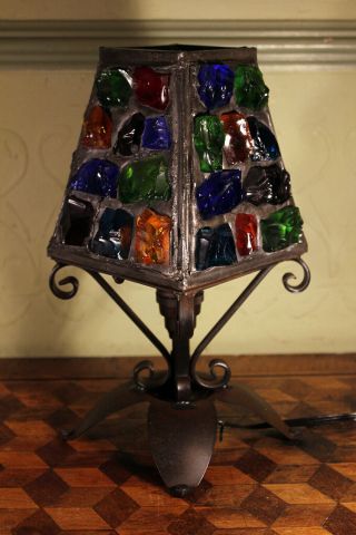 Mid Century Peter Marsh Wrought Iron Coloured Glass Table Lamp 1950s Arts Crafts