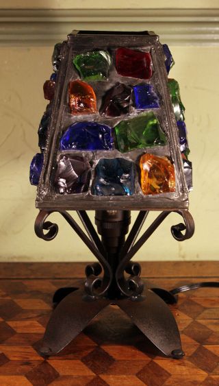 Mid Century Peter Marsh Wrought Iron Coloured Glass Table Lamp 1950s Arts Crafts 3