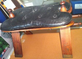 Vintage Camel Saddle Wood Frame Brass Inlay Foot Stool Leather Seat