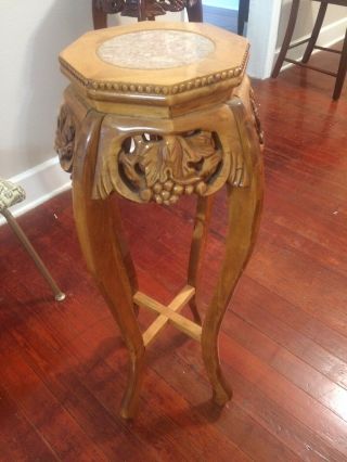 Vintage Carved Hardwood Rosewood Marble Top Chinese Pedestal Table Plant Stan
