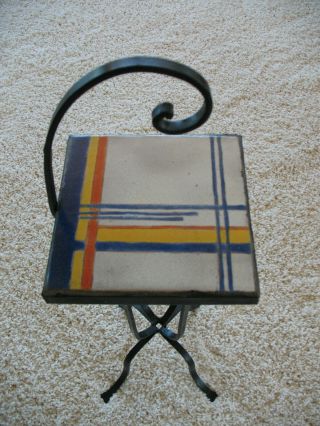 Antique Mission Style Wrought Iron Tile Top Side Table With Curved Handle