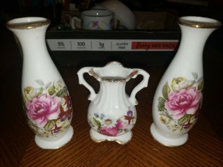 Summer Rose Fine Bone China Flambro 2 Mini Matching Vases & Handle Vase