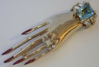 Vintage Coro Sterling Silver Enamel Rhinestone Hand With Ring & Bracelet Brooch