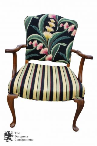 Antique Queen Anne Style Floral Striped Upholstered Occasional Side Arm Chair