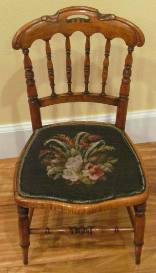 Antique Victorian Carved Childs Chair Salesman Sample Tiger Maple Needlepoint