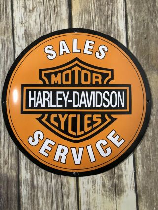 Vintage Harley - Davidson Motorcycle Sales & Service Porcelain Metal Button Sign