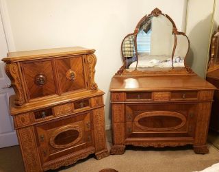 Antique Bedroom Set,  High Chest And Dresser,  Mirror Mixed Wood Carved Vintage