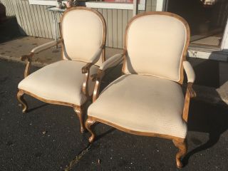 Vintage French Style Wooden Fabric Arm Lounge Parlor Chairs Armchairs Large Sz.