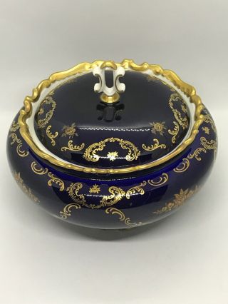 Fab Vtg Reichenbach Germany Cobalt Blue W Gold Encrusted Covered Vegetable Bowl