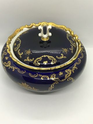 FAB VTG Reichenbach Germany Cobalt Blue w Gold Encrusted Covered Vegetable Bowl 3
