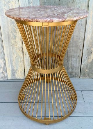 Vintage Warren Platner Knoll Style Rouge Marble Gilt Metal Wire Hourglass Table