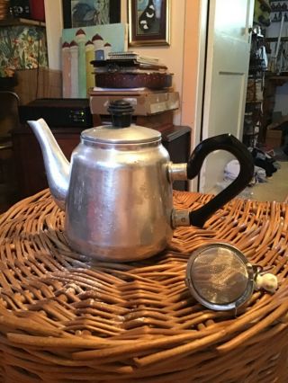 Vintage Small Aluminum Tea Pot W/ Rattan - Wood Knob & Aluminum Tea Defuser
