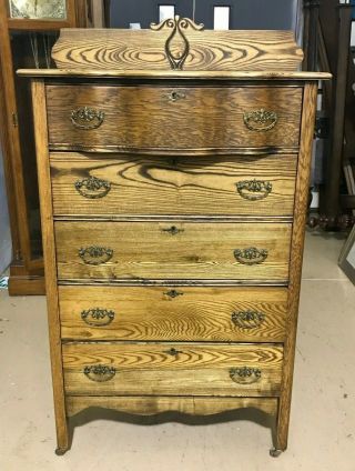 Antique 5 Drawer Tall Wooden Dresser On Wheels -
