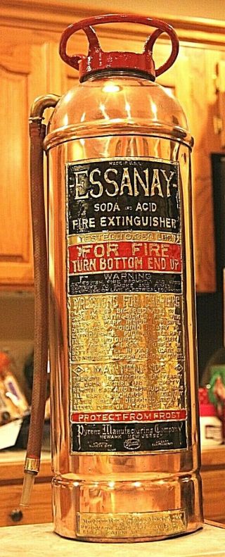 Rare Antique Vintage Essanay Copper Brass Fire Extinguisher - Polished Restored