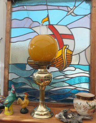 Antique Victorian Brass Oil Lamp Yellow Cased Glass Globe Shade Corinthium Colum