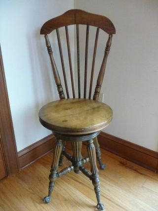 Antique Piano - Organ High Back Chair/stool With Claw And Glass Ball Feet
