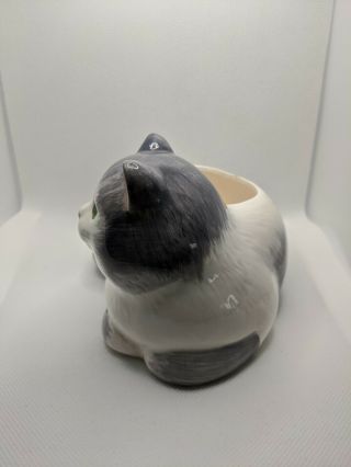 Vintage Ceramic White and Gray Cat Planter with Green Eyes 2