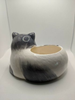 Vintage Ceramic White and Gray Cat Planter with Green Eyes 3