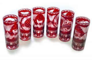 Vintage Bohemian Crystal Ruby Red Etched Set Of 6 Glasses