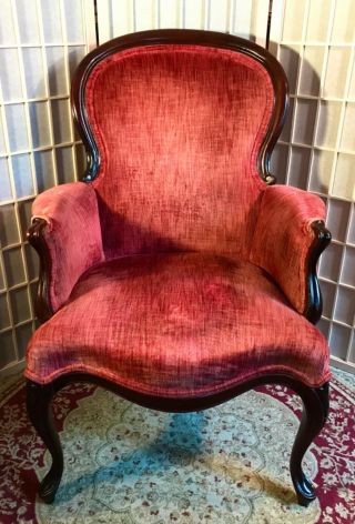 French Louis Xv Style Velvet Upholstered Carved Walnut Fauteuil Closed Arm Chair