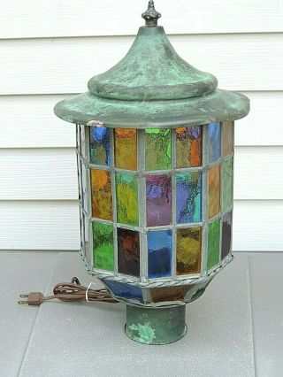 Vintage Copper & Stained Glass Outdoor Post Pole Light Or Table Top,  Look