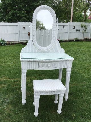 Vintage White Wicker Vanity W/mirror,  Glass Top Protected & Bench Cond