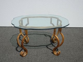 Vintage Spanish Style Wrought Iron Gold Coffee Table / End Table w Ornate Glass 2