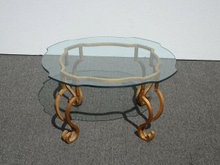 Vintage Spanish Style Wrought Iron Gold Coffee Table / End Table w Ornate Glass 3