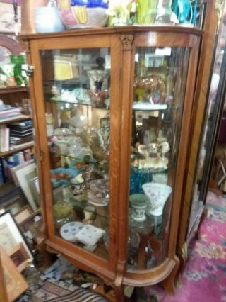Antique Oak China Cabinet With Curved Glass Front