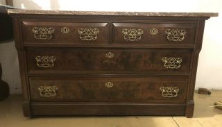 Antique Victorian Marble Top Dresser/chest Of Drawers,  Walnut Wood,  Gold Handles