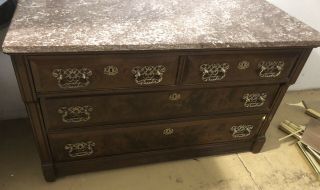 Antique Victorian Marble Top Dresser/Chest of Drawers,  Walnut Wood,  Gold Handles 2
