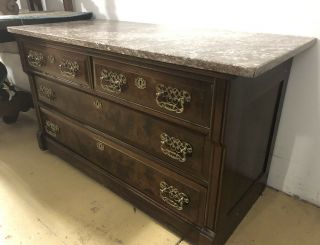 Antique Victorian Marble Top Dresser/Chest of Drawers,  Walnut Wood,  Gold Handles 3