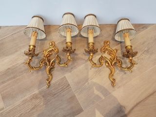 2 Rare Vintage French Brass Bronze Empiry Style Wall Lamps Sconce With Lampshade